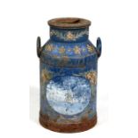 A milk churn with painted decoration, 57cms (22.5ins) high.
