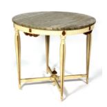 A French cream & gilt painted circular centre table with figured marble top, 82cms (32.5ins)