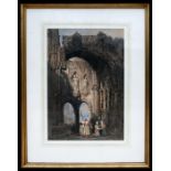 19th century continental school - Figures Praying in a Church Ruin - watercolour, framed & glazed,