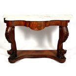 A Victorian mahogany marble topped console table on cabriole front supports with carved acanthus