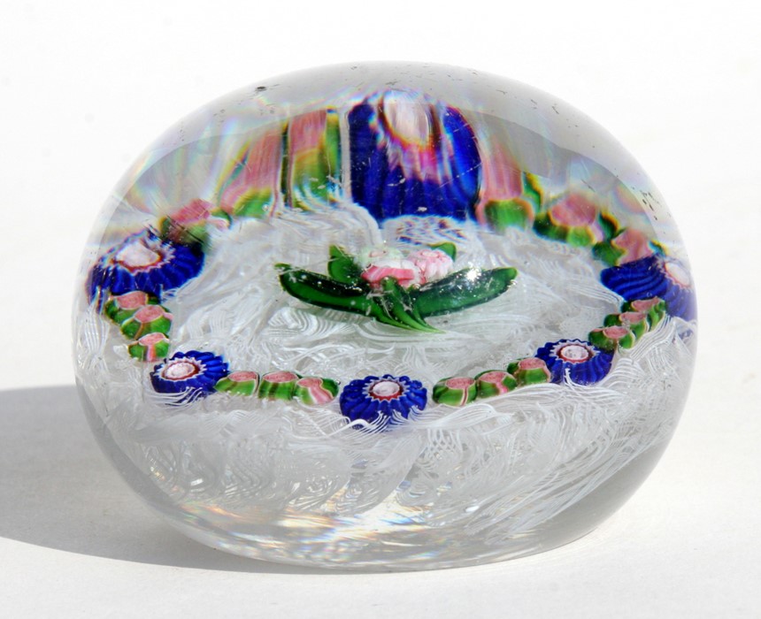 A 19th century French paperweight, possibly Clichy, decorated with central flowers and millefiori - Image 2 of 2