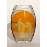 A Bohemian amber flashed glass vase with etched golfing scene, 20cms (8ins) high.