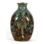 An early 19th century Japanese Satsuma wine or Sake vessel decorated with figures and Immortals on a
