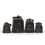 A set of four graduated GPO cast iron weights, 1lb, 1/2lb and two 1/4lb weights (4).