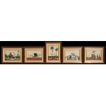A group of five reverse painted Indian Mogul pictures depicting various scenes including processions