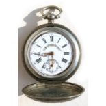 A silver cased full hunter pocket watch, the enamel dial with Roman numerals and subsidiary
