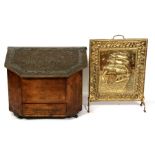 A brass & pine log box; together with a brass fire screen.
