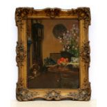Reginald Mills (b1896) - Parlour Scene - signed lower right, oil on board, framed, 29 by 40cms (11.5