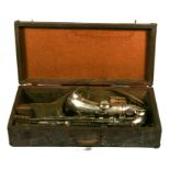An Alfred Hays silver plated saxophone, boxed.