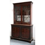 A 19th century bookcase on cupboard, the astragal glazed doors enclosing a shelved interior above