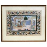 An Indian Mughal painting on silk depicting a court scene within a foliate border, framed &