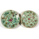 Two late 19th century Chinese Canton famille rose plates decorated with birds, flower and insects in