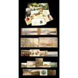 A folio containing assorted watercolour paintings and sketches including a pair of continental river