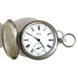 A silver cased full hunter pocket watch, the white enamel dial with Roman numerals and subsidiary
