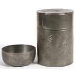 A Chinese Kuthing Swatow pewter tea caddy decorated with bamboo, 17cm (6.75ins) high; together
