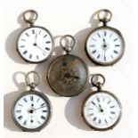 A group of five silver cased open faced pocket watches.