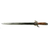 A 19th century German hunting sword with antler handle and nickel plated clam shell guard, 59cms (