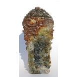 A Chinese mottled jade plaque decorated dragons and caligraphy. 29.5cm (11.75ins) high