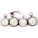 Four silver cased open faced pocket watches, each with white enamel dials, Roman numerals and