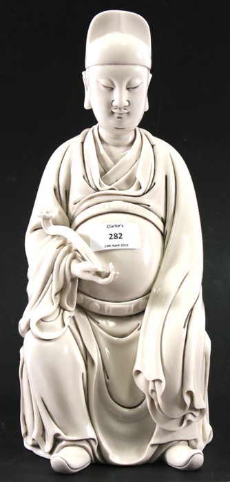 A Chinese blanc de chine style figure depicting Wen Chang holding a rui sceptre. Impressed seal mark - Image 2 of 7