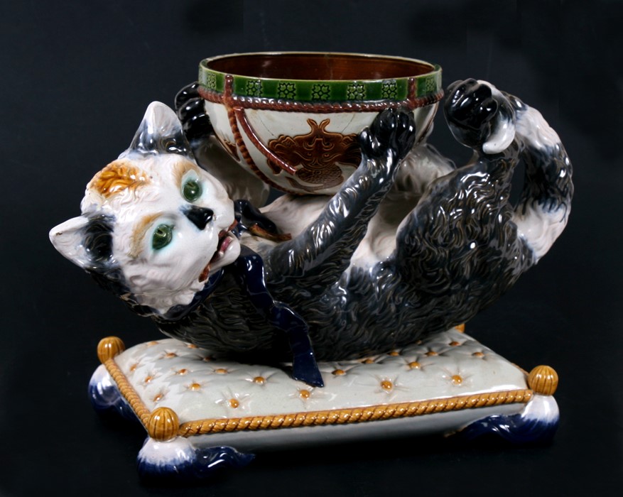 A Victorian Gerbing & Stephan majolica centrepiece, the bowl supported by a cat on a cushion, - Image 2 of 2