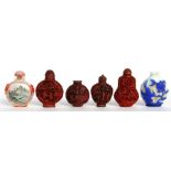 A group of six Chinese snuff bottles, to include two Peking glass snuff bottles and four cinnabar