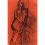 Jain Wallis - Seated on Red - 20th century British, signed lower left, charcoal, framed & glazed, 51