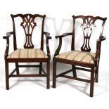 A pair of Georgian style mahogany carver chairs with pierced splats, on square chamfered legs (2).