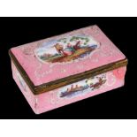 An 18th / 19th century enamel box with vignettes depicting figures and landscapes on a pink