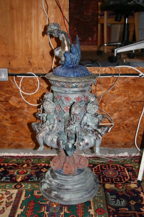 A bronzed centre piece decorated with hippocampus and cherubs, surmounted with a further cherub - Image 4 of 6