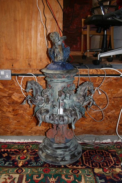 A bronzed centre piece decorated with hippocampus and cherubs, surmounted with a further cherub - Image 3 of 6