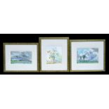 A group of three contemporary watercolour paintings by the same artist, depicting landscape scenes