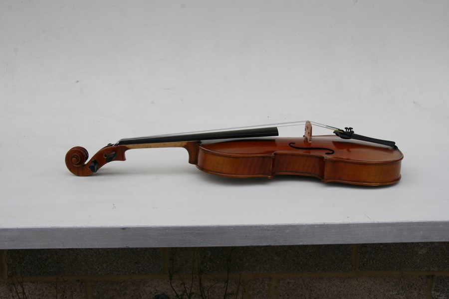 A one piece back violin and bow, cased.Condition Report Violin back measures 35cms. - Image 14 of 23
