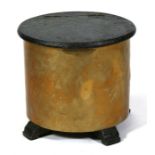 A cylindrical brass log box, 38cms (15ins) diameter.