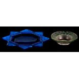 An R Lalique blue glass star shaped shallow dish decorated with birds, 17cms (6.25ins) diameter;
