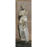 A well weathered stoneware garden statue of a classical figure, 86cms (33.5ins) high.