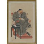 A Chinese print depicting a seated scholar, framed & glazed, 20 by 35cms (8 by 13.75ins).