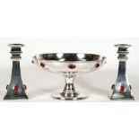 A silver plated pedestal bowl set with red glass cabochons, stamped 'JB Glasgow' to base, 25cms (
