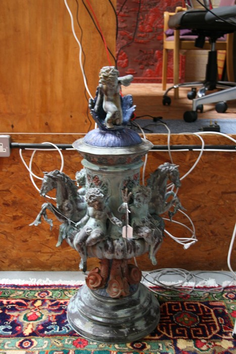 A bronzed centre piece decorated with hippocampus and cherubs, surmounted with a further cherub - Image 2 of 6