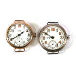 A 9ct gold cased trench watch, the white enamel dial with Roman numerals and subsidiary seconds