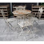 A cream painted metal garden set comprising a circular table and four folding chairs (5).