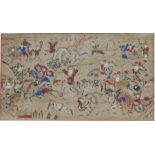 A Chinese watercolour depicting warriors in battle, glazed in an ebonised bamboo frame, 106 by 58cms