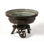 A Japanese bronze censer on stand, the stand of naturalistic form with three character mark to