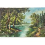 20th century school - River Landscape - indistinctly signed lower right, oil on canvas, unframed, 76