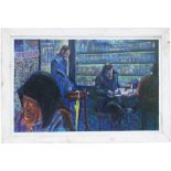 20th century Russian school - Bar Scene - oil on board, framed, 71 by 46cms (28 by 18ins).