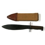A USA WWI 'Bolo' knife with canvas scabbard, the scabbard stamped 'Brauer Bros, 1918', 41cms (16ins)