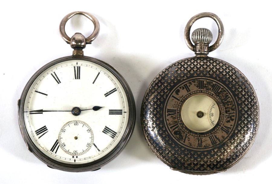 A silver open faced pocket watch, the white enamel dial with Roman numerals and subsidiary seconds