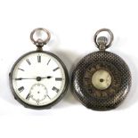A silver open faced pocket watch, the white enamel dial with Roman numerals and subsidiary seconds