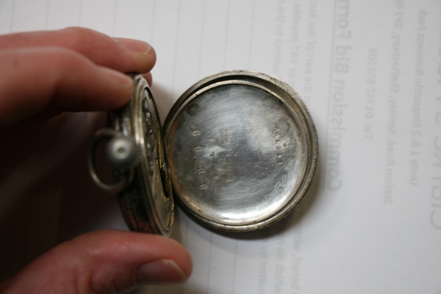 A silver open faced pocket watch, the white enamel dial with Roman numerals and subsidiary seconds - Image 3 of 6