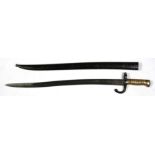 A 19th century French sabre bayonet with brass hilt in its steel scabbard. Dated 1868 to the back of